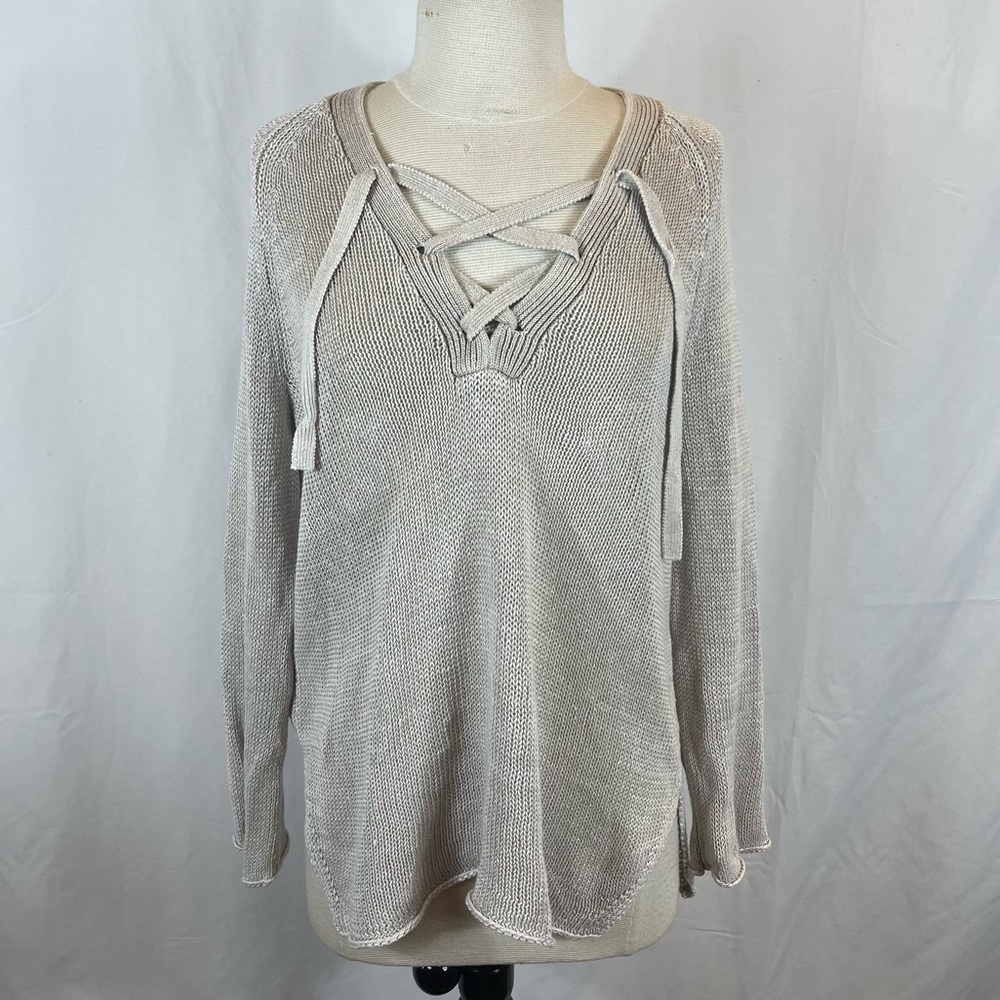 Brochu Walker Tulla Lace Up Neckline Linen Grey Pullover Sweater Size Medium